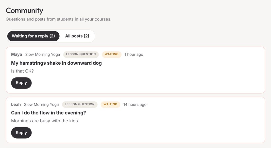 The Community page: Waiting for a reply (2) and All posts (2), then two lesson questions from Maya and Leah in Slow Morning Yoga, each marked Waiting with a Reply button