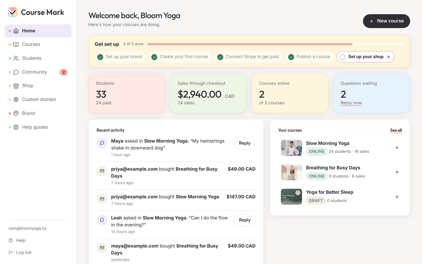 The Home page of the Course Mark dashboard: Get set up, four number cards, recent activity and your courses
