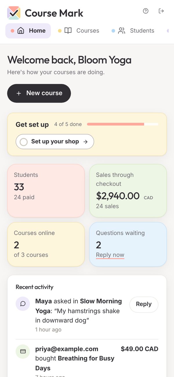 The dashboard on a phone: the menu along the top, then Get set up, the four number cards and recent activity