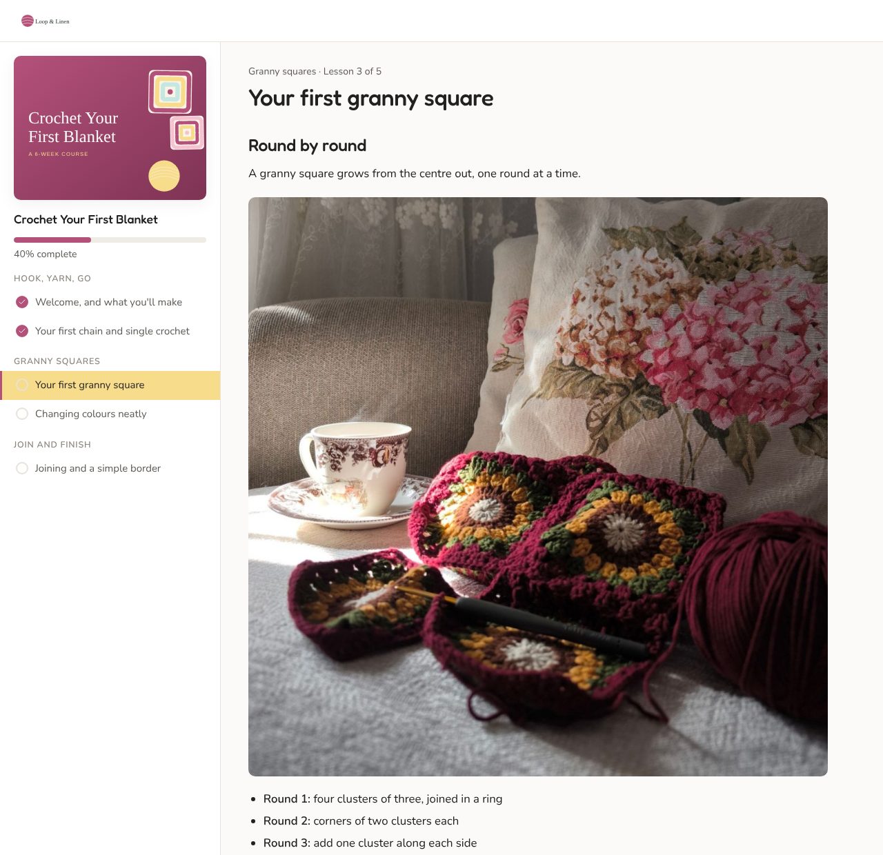 A crochet lesson on the student course page, with the lesson list and progress
