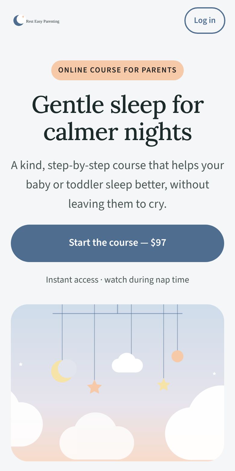 A baby sleep course's sales page in the Soft design, on a phone
