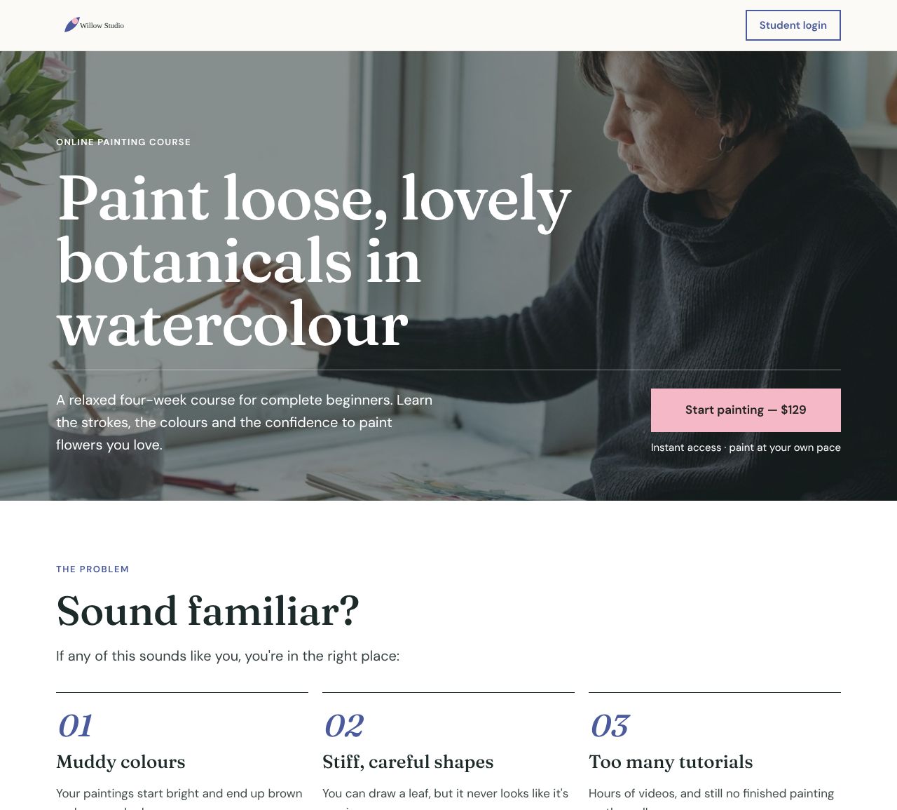 A watercolour course's sales page in the Editorial design